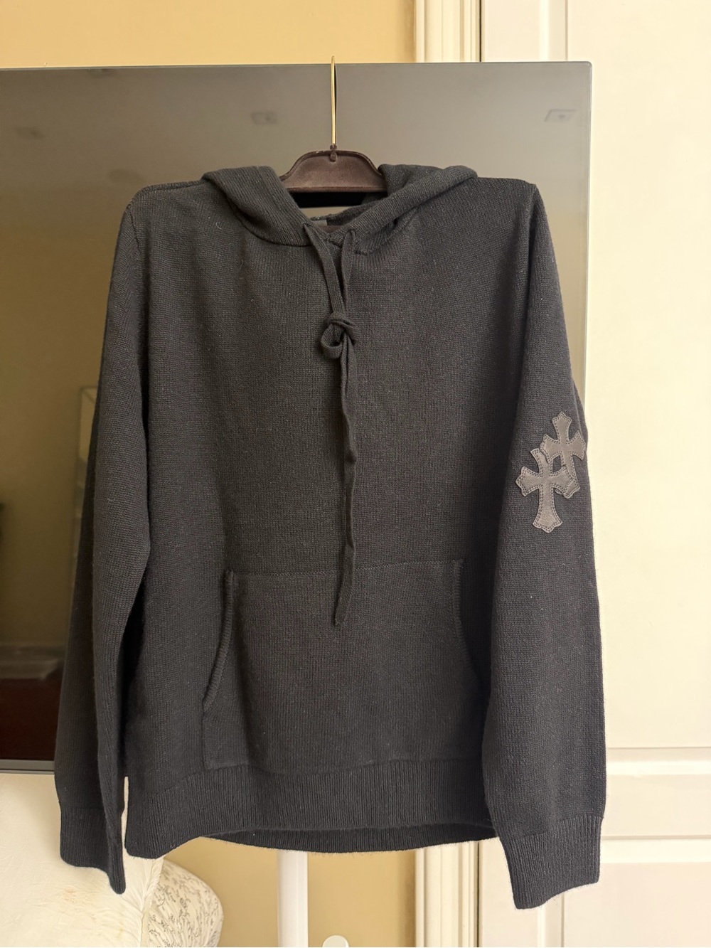 CHROME HEARTS Black Hooded Knit Pullover Sweatshirt SZ S RARE Leather Patches